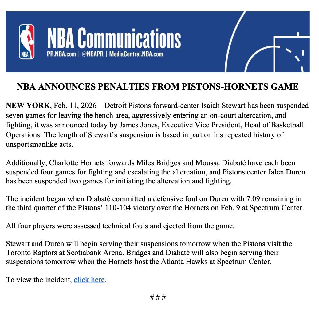 Detroit center Isaiah Stewart has been suspended seven games and star Jalen Duren suspended two games. Charlotte forwards Miles Bridges and Moussa Diabate each suspended four games.