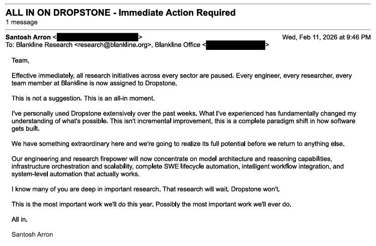 dropstoneio's tweet photo. Blankline just went all in on us. Their entire engineering and research organization - paused everything else to build Dropstone. Rollout begins end of March. The future of software development starts soon. https://t.co/1luTkidto7