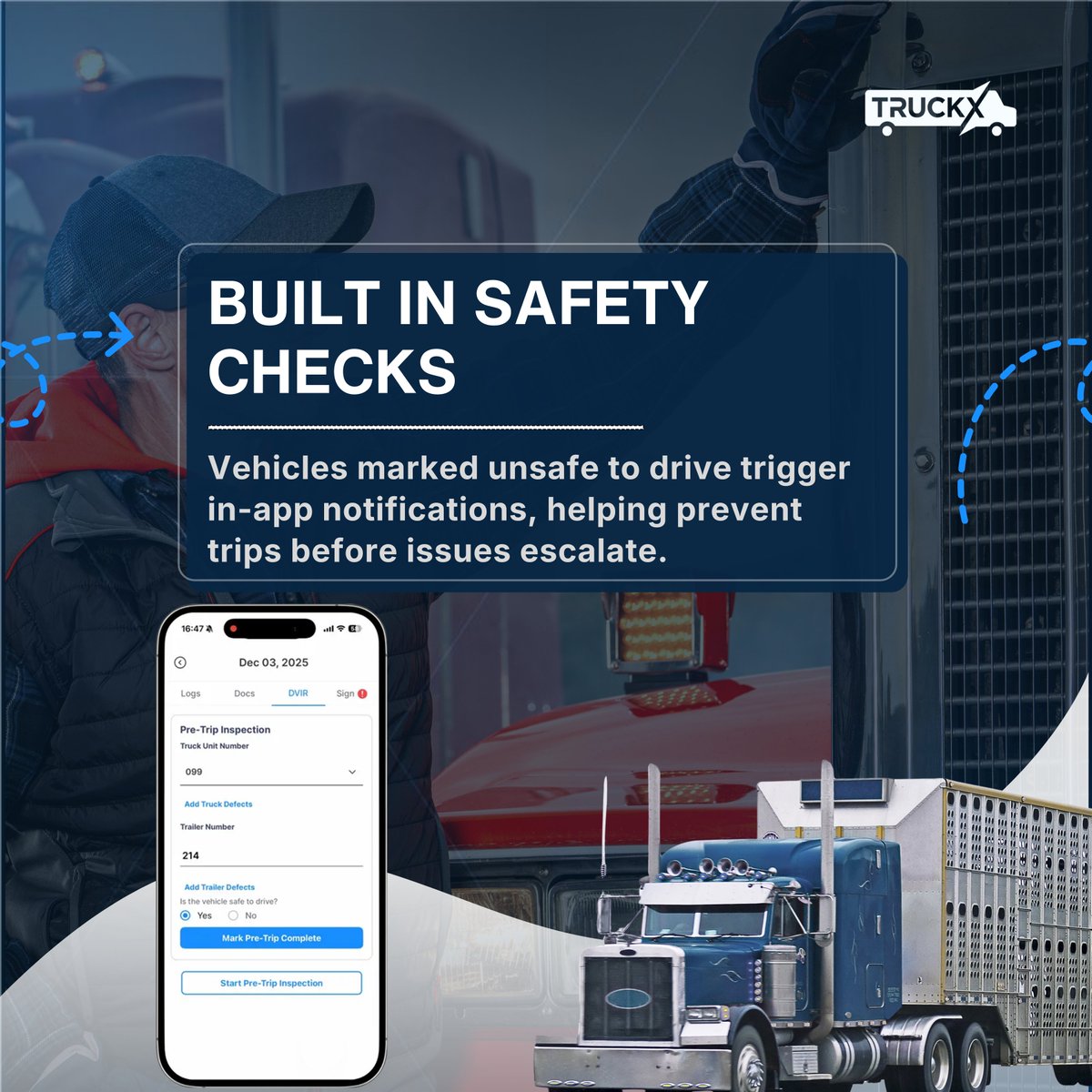 Keep fleets moving with TruckX DVIR fast guided inspections, photo defect reports, and built-in safety alerts in one simple workflow. Link:bit.ly/482aF6t
#TruckX #FleetManagement #TruckingLife #FMCSA #AmericanTruckingDVIR #DriverVehicleInspection #DOTCompliance