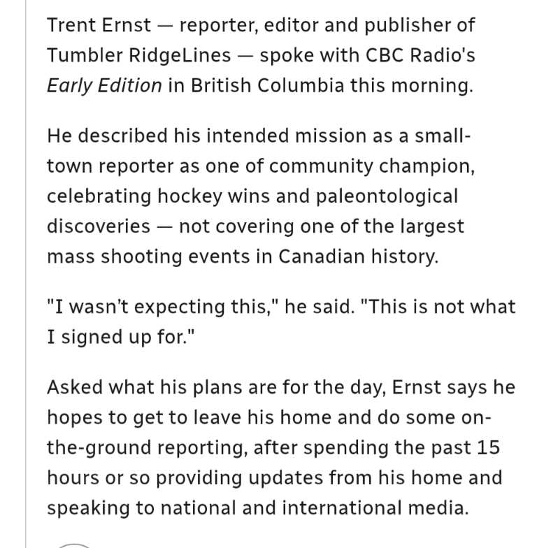 fatimabsyed's tweet photo. Heartbreaking to read these reflections from Tumbler Ridge local newsman Trent Ernst. All strength to him as the town he reports in &amp; on daily enters the global spotlight. You can support his hyperlocal journalism (which is so vital and so lacking) here: https://t.co/AsuV4cVR79 https://t.co/lCGqguUbF0