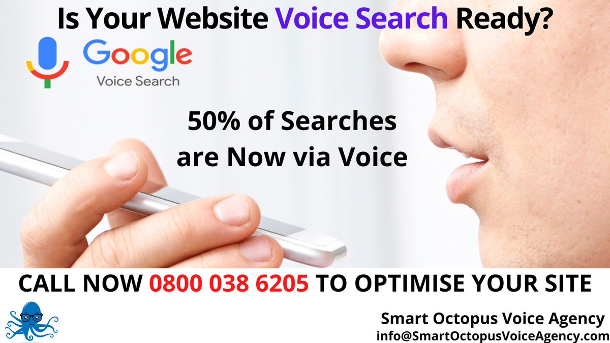 SmartOctopusVA's tweet photo. Is Voice Searching losing you sales?  Most websites are not optimised for Voice Search! 50% of searches are now via Voice!  Call us on 0800 038 6025  to increase your traffic flow  #marketing #sme #smallbusiness #voicesearch #voicesearchoptimisation #VSEO #smartoctopusvoiceagency https://t.co/6yMYtvxe2n