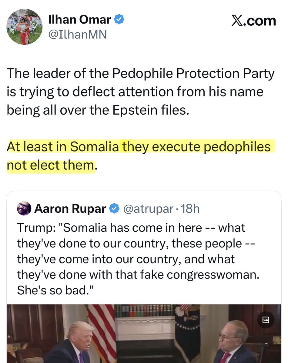 HOLY SMOKES. Ilhan Omar just openly called for the EXECUTION of President Trump on X. 

She must be removed from Congress and deported immediately. 

This is UNACCEPTABLE.