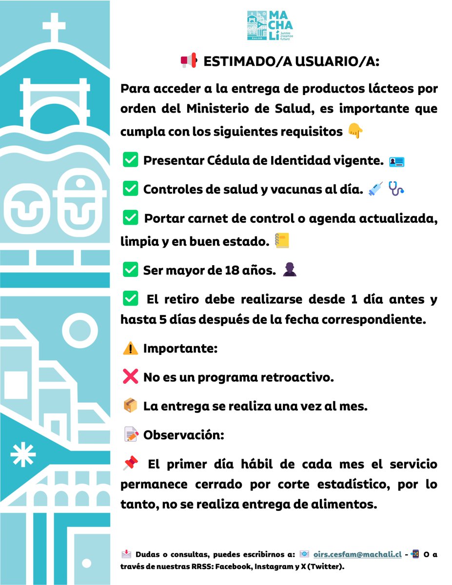 Atención, usuarios/as 📢

¿Retiras tus productos lácteos en los Centros de Salud de #Machalí? 🥛

Recuerda traer:
✅ Cédula vigente.
✅ Carnet de control al día.
✅ Vacunas actualizadas.
👤 Solo para mayores de 18 años.
📆 Respeta tu fecha de retiro.
🚫 Beneficio no retroactivo.
