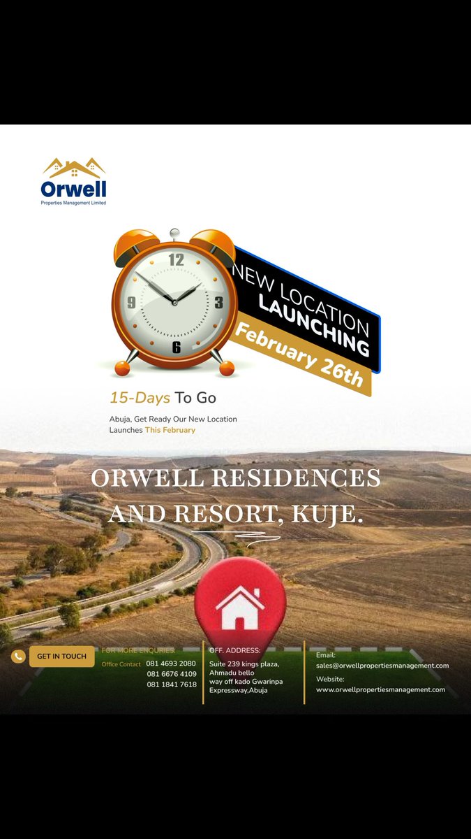 OrwellNG's tweet photo. @elonmusk 🚨 15 DAYS TO GO!
📍 Orwell Residences &amp; Resort, Kuje — Abuja
Premium land for sale with high investment potential.

Secure your plot before Feb 26 launch. DM to reserve! https://t.co/t0K0Chy0IT