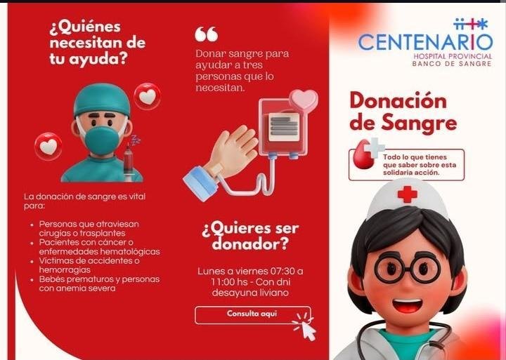 #IMPORTANTE 
El Banco de sangre del Hospital Centenario
pide ayuda, estan con alta demanda y pocos donantes.
Te esperan este jueves y viernes de 7:30 a 11 hs
Gracias por compartir 💪