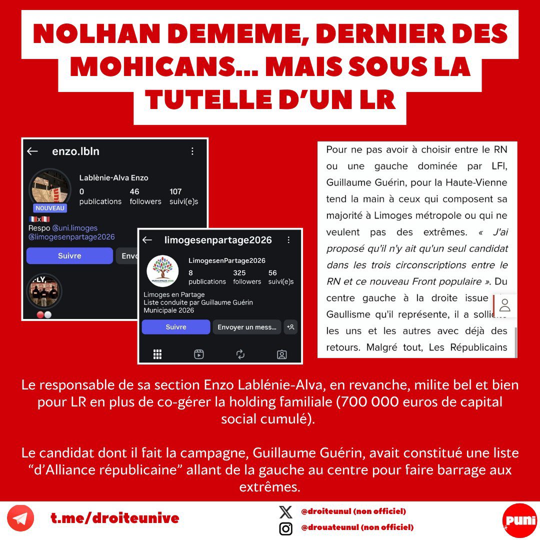 droiteunul's tweet photo. 4/Limoges

Dernier des Mohicans (les RN de l'UNI), Nolhan Demême a obtenu son bac en 2025.
Son responsable de section Enzo
Lablénie-Alva, en revanche, milite activement pour un centriste adepte des alliances avec la gauche. https://t.co/zO4ngLq7vl