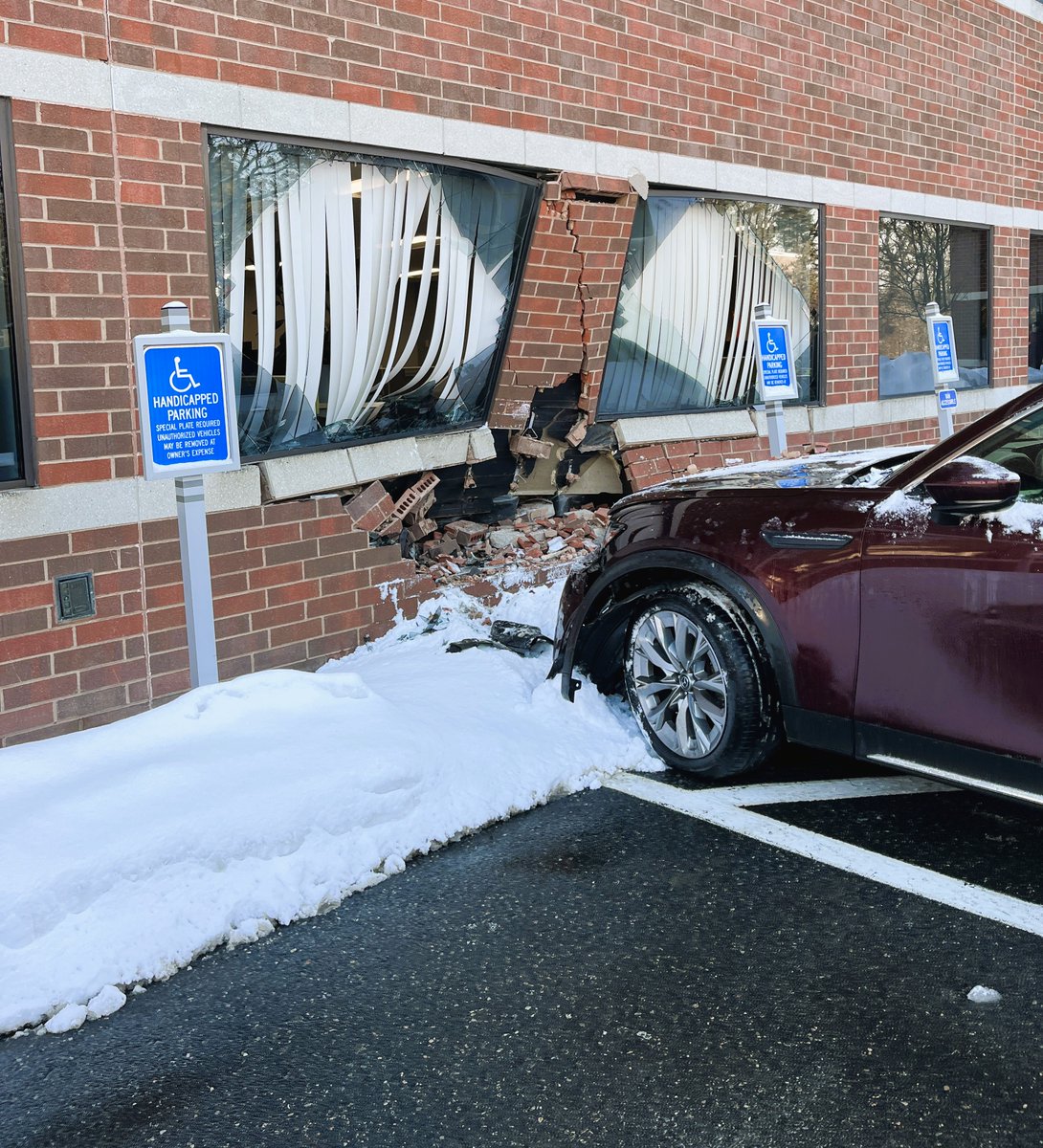FraminghamFire's tweet photo. This morning, Framingham firefighters responded to a report of a vehicle that struck a building at 959 Concord St. Thankfully, no injuries were reported. While the impact caused significant damage to the façade and two windows, there was no structural compromise to the building. https://t.co/IJJXDBlbNd
