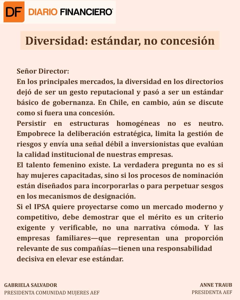 DIVERSIDAD: ESTÁNDAR, NO CONCESIÓN
Les comparto una carta que, como Presidenta de Comunidad Mujeres de la Asociación de Empresas Familiares y junto a Anne Traub, presidenta de AEF, publicamos hoy en el <a href="/DFinanciero/">Diario Financiero</a>
