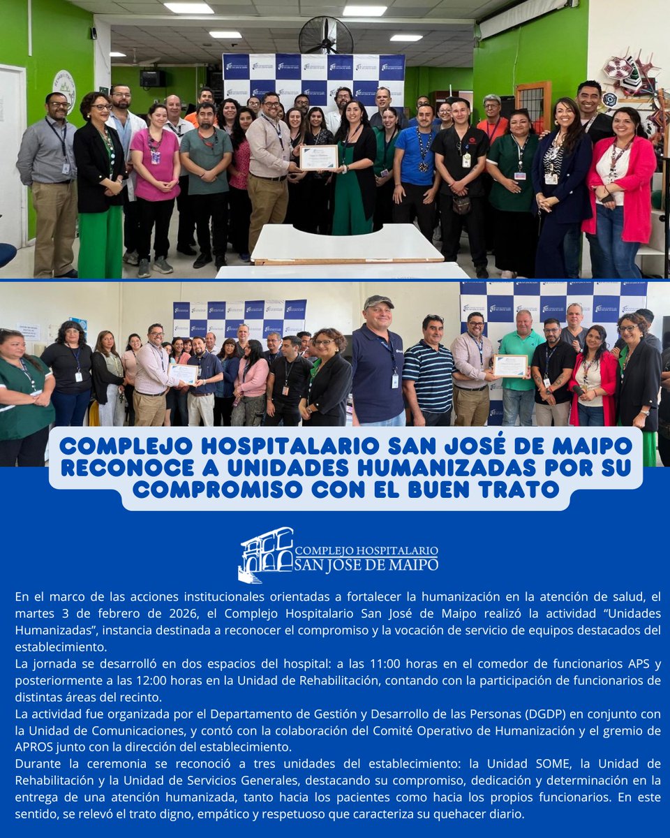 💙 CHSJM reconoce a Unidades Humanizadas por su compromiso con el buen trato
En el marco del fortalecimiento de la humanización en la atención de salud, el martes 3 de febrero de 2026 nuestro establecimiento realizó la actividad “Unidades Humanizadas”.