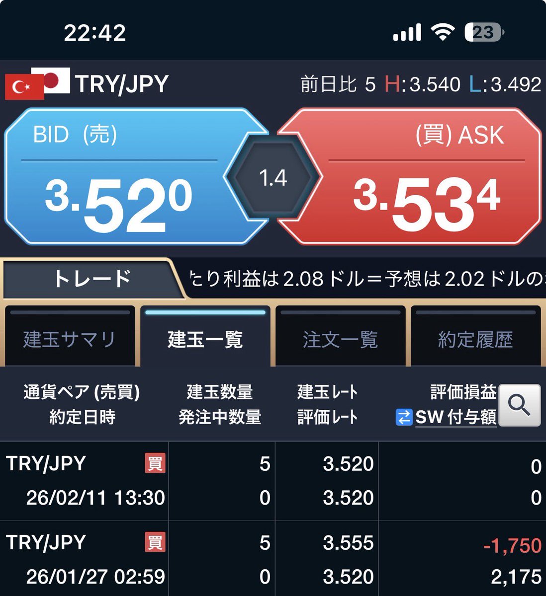 wank0roo's tweet photo. スワップ生活大作戦
トルコリラ3.520で5枚追加しました
これで1時間当たりスワップ時給10.83円「1枚26円」 https://t.co/rMN9SWSZBU