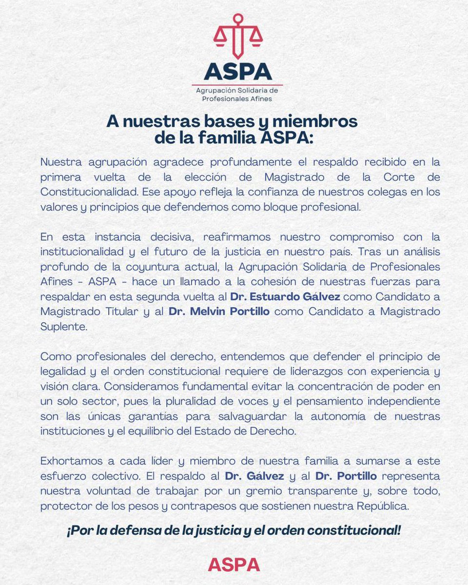 Lo dicho: Astrid y Bermejo contra todo el aparato clientelar unido en su contra. Néster y Gálvez juntos pese a haber sido enemigos férreos al punto d q el primero conspiró para meter en la cárcel al segundo.
Si eres abogado o abogada y quieres un cambio piensa bien en quien votar