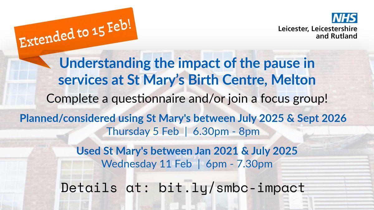 HealthwatchLeic's tweet photo. There's still time to give your feedback if you have been affected by the pause in services at St Mary’s Birth Centre, Melton.
Check out the details below⬇️ https://t.co/GY7U19hn5v