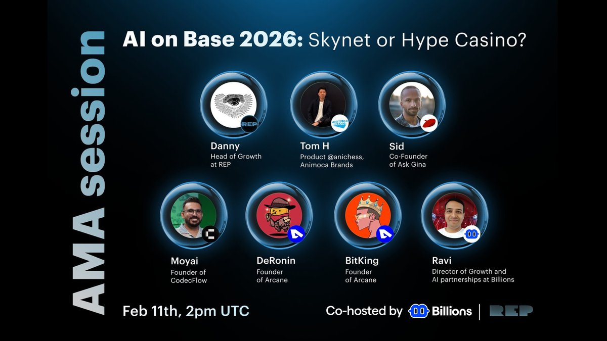 Live in 10 mins: Fresh Alpha - AI on Base (2026): Skynet or Hype Casino?

🔔 Set reminder 👇

AMA Session with:

• <a href="/ravikantagrawal/">ravidilse.eth</a> - Billions Director of Growth and AI partnerships 
• <a href="/dannytook/">DANNY 💢</a> - Head of Growth at REP
• <a href="/sidshekhar24/">Sid Shekhar</a> - Co-Founder AskGina
• <a href="/unmoyai/">Moyai</a> -