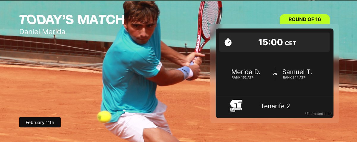 After lifting the trophy in Tenerife last week 🏆🔥

Daniel Merida is back at it today
Round of 16 at the second Tenerife Challenger 🇪🇸

Up against 🇬🇧 Samuel T. (ATP 244) — another big test.

Momentum is real. Let’s keep it rolling 💪🎾

Stream here: atptour.com/en/atp-challen…