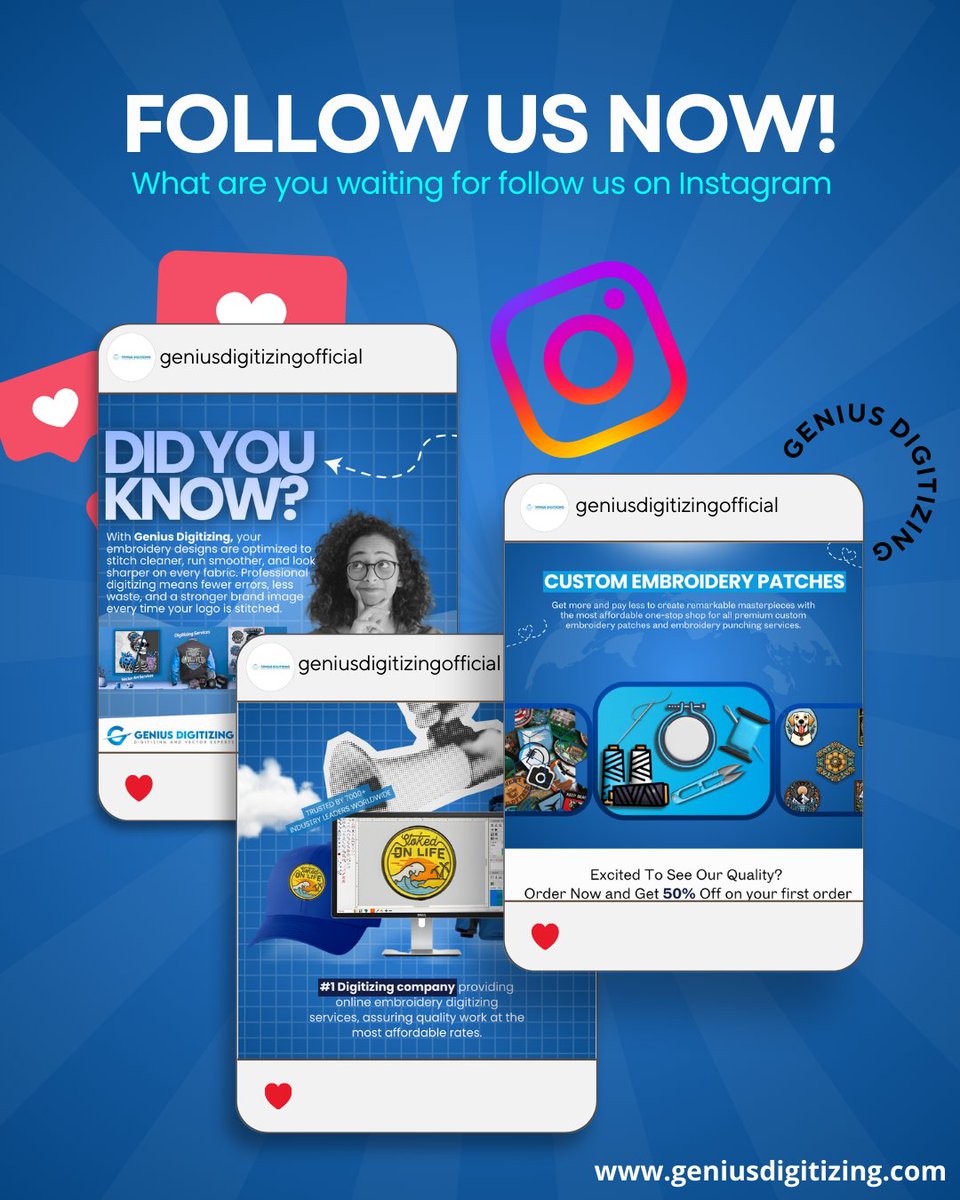 We’re building a community over on Instagram and we want you to be a part of it! Follow us for tips, behind-the-scenes looks, and quality updates.

Plus, if you're new here, you can grab 50% OFF your first order.

Shop Now: geniusdigitizing.com

#follow #EmbroideryCommunity