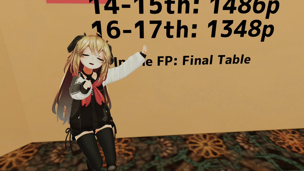 Elysion Birthday Bounty - ELPT 2026 Winter #12
バブル前まで耐えたけど、ハンドフォーハンドでBBきついからオールインしたらひかれてとびました。あー18位でポイントないか～って思っていたらハンドフォーハンド同時飛びによるプライズチョップでらぐさんとポイントをわけました。
#VRC_Elysion