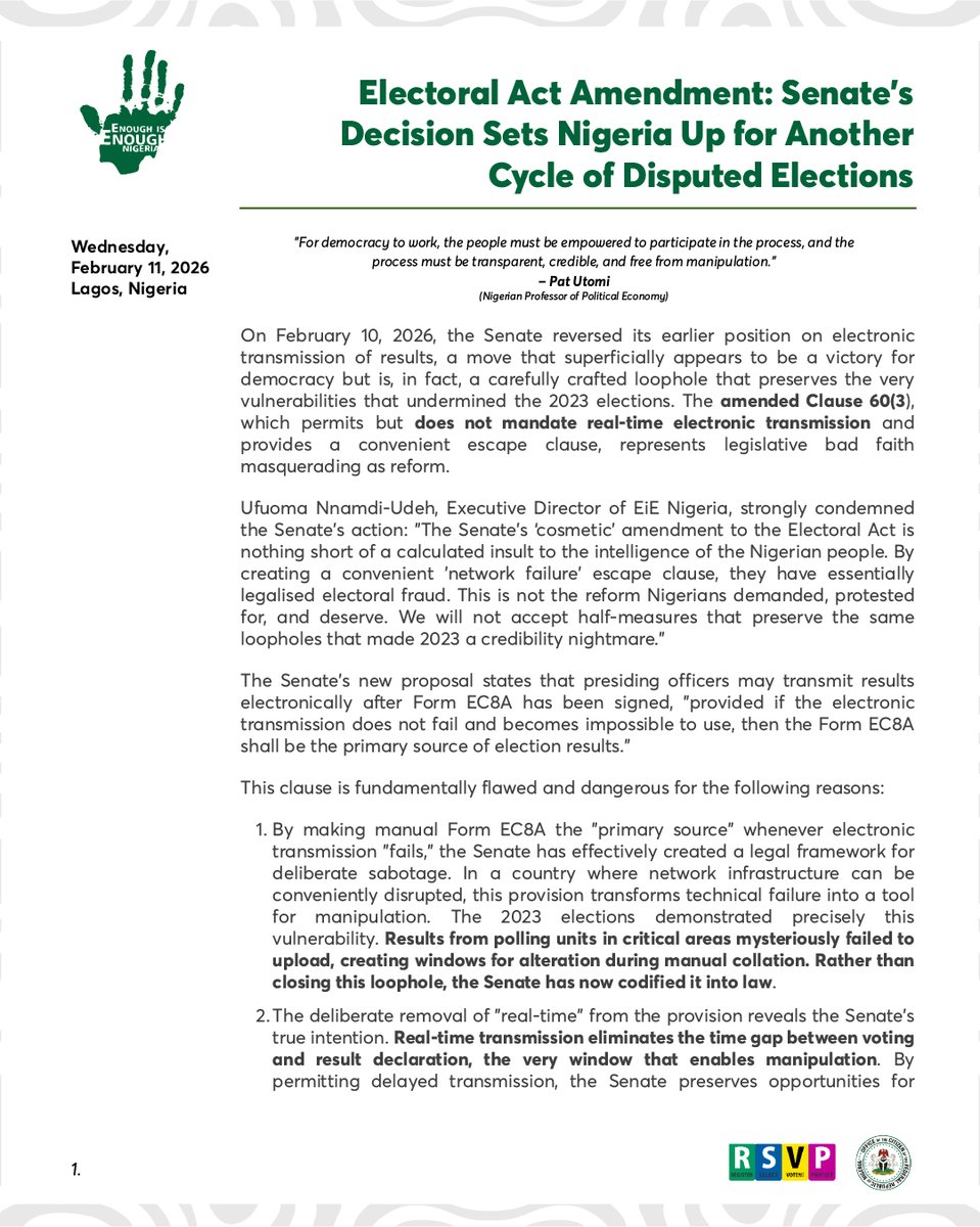 EiENigeria's tweet photo. The Senate's "reversal" on electronic transmission is legislative bad faith disguised as reform.  On Feb 10, they passed an amendment that preserves the exact loopholes that undermined 2023. Here's why we're rejecting it:
The Senate's Clause 60(3) fails this basic test.
1/ https://t.co/OgOzyekFHN