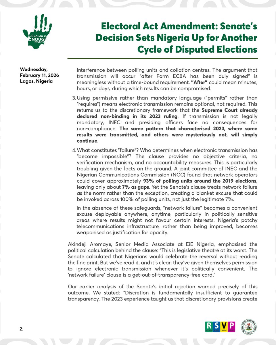 EiENigeria's tweet photo. The Senate's "reversal" on electronic transmission is legislative bad faith disguised as reform.  On Feb 10, they passed an amendment that preserves the exact loopholes that undermined 2023. Here's why we're rejecting it:
The Senate's Clause 60(3) fails this basic test.
1/ https://t.co/OgOzyekFHN