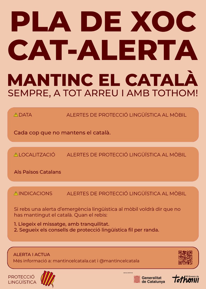 mantincelcatala's tweet photo. Imagina que cada cop que no mantens el català en una conversa, el mòbil t'enviés un senyal d'alerta lingüística.  

Activa aquesta alerta de protecció lingüística al teu cap i fes un Mantinc el Català.

Pla de xoc
Cat-alerta https://t.co/8jgKxkaqbz