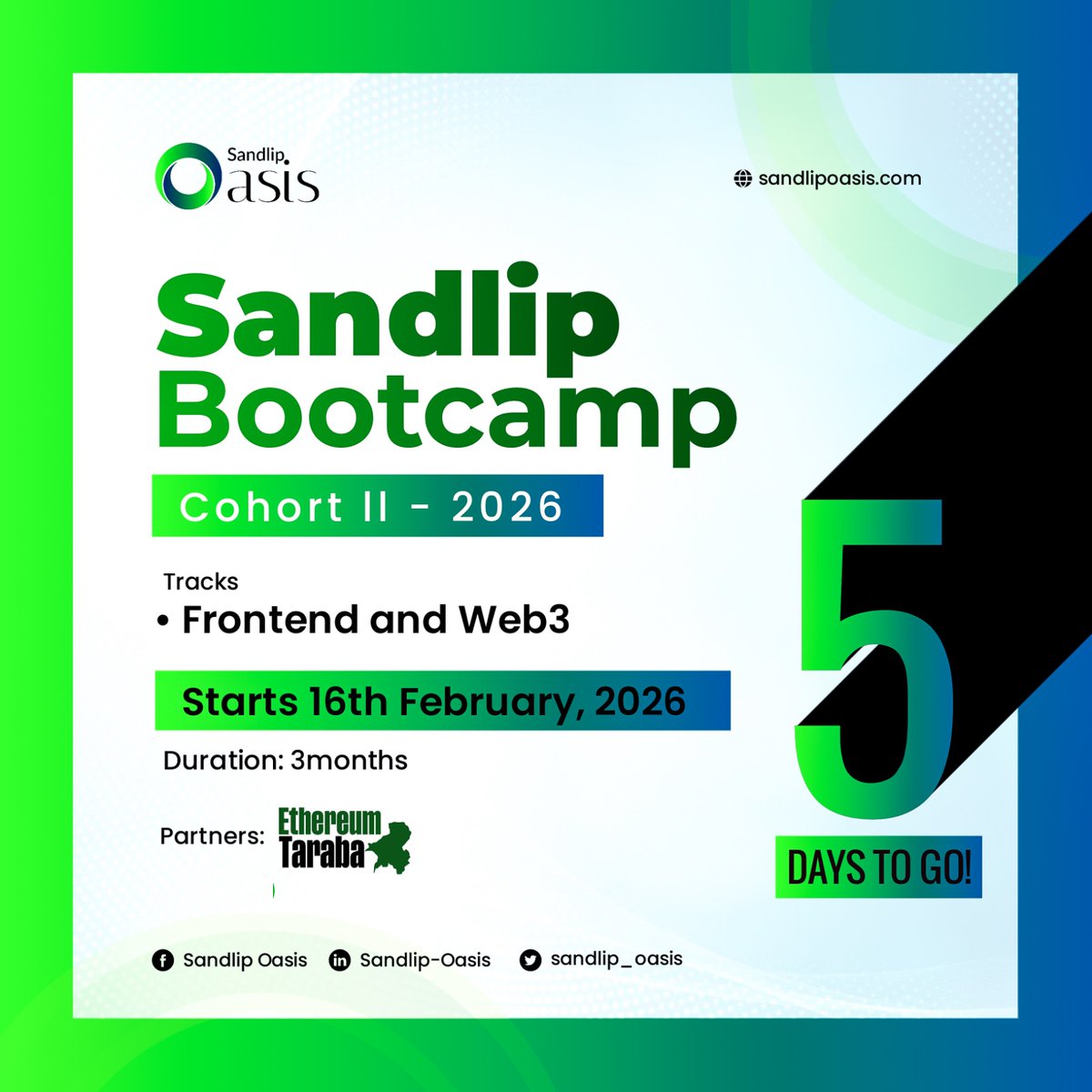 sandlip_oasis's tweet photo. Counting down to the 16th ⚡🤸

We are 5 days away from the Frontend &amp; Web3 bootcamp. 

If you already applied, keep an eye on your mail, acceptance notifications will be rolling out throughout this week.

Registration is still open apply here:👇👇
 https://t.co/LWBDfF04sM https://t.co/D99hEVISPL