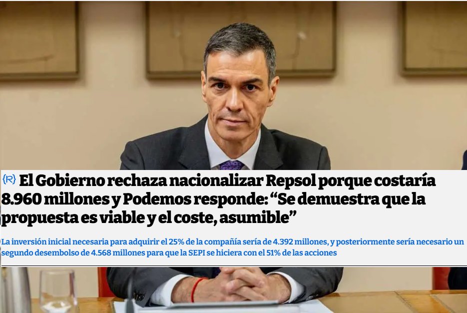 El PSOE-Sumar dicen que nacionalizar Repsol por 8.960M€ no es asumible.

Sin embargo, para aumentar en 10.471 M€ el gasto en Defensa, si hay dinero.

Mejor que digan que prefieren seguir el juego de Trump y la OTAN  en vez de abaratar la energía a la gente y a las empresas.