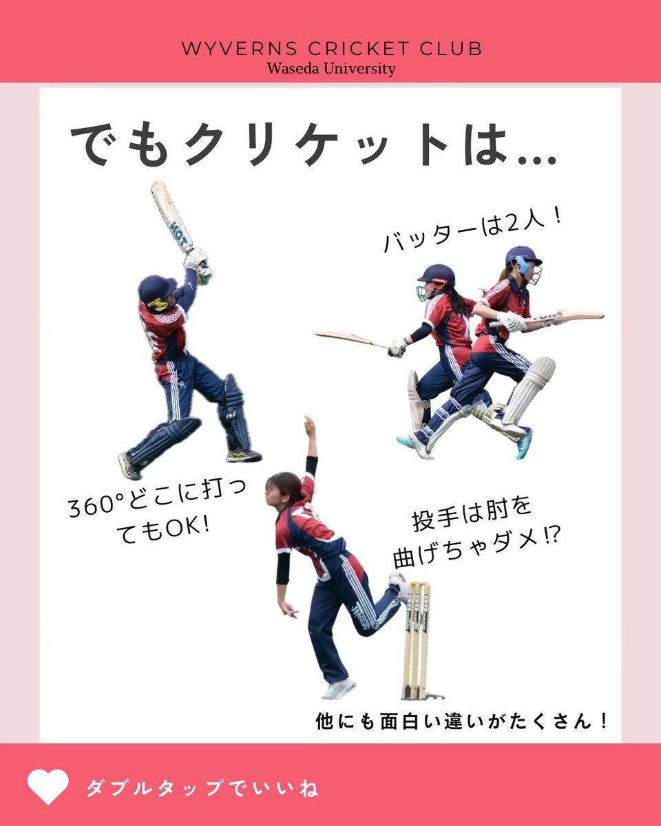 wyvernsCC's tweet photo. 【🏏クリケットってなぁに？】

クリケットとは、バットとボールを使うイギリス発祥のスポーツ！

新歓練習は4月スタートを予定しています。
3月から情報を掲載するのでお楽しみに~!

 #クリケット #文構 #春から早稲田 #サークル #cricket #早稲田 #早稲田大学 
⁡ https://t.co/F2LcKtpYzB