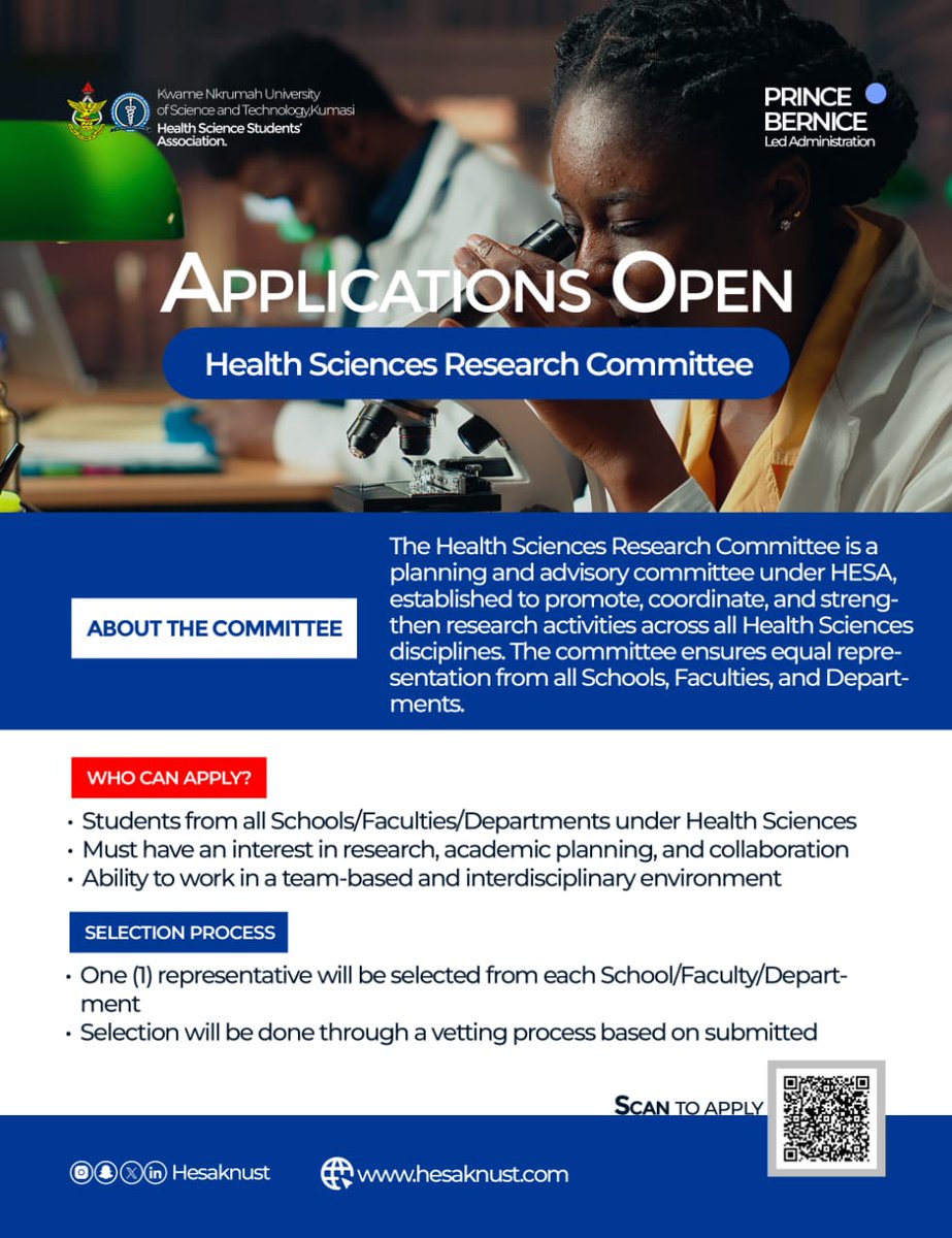 Princeamoako_'s tweet photo. To promote ethical research practices among @ChsKnust students and support the College’s 52% share of KNUST's research output, the 9th HESA administration opens applications for the Health Sciences Research Committee to equip students with standard academic research approaches. https://t.co/F8vPHkgs2p