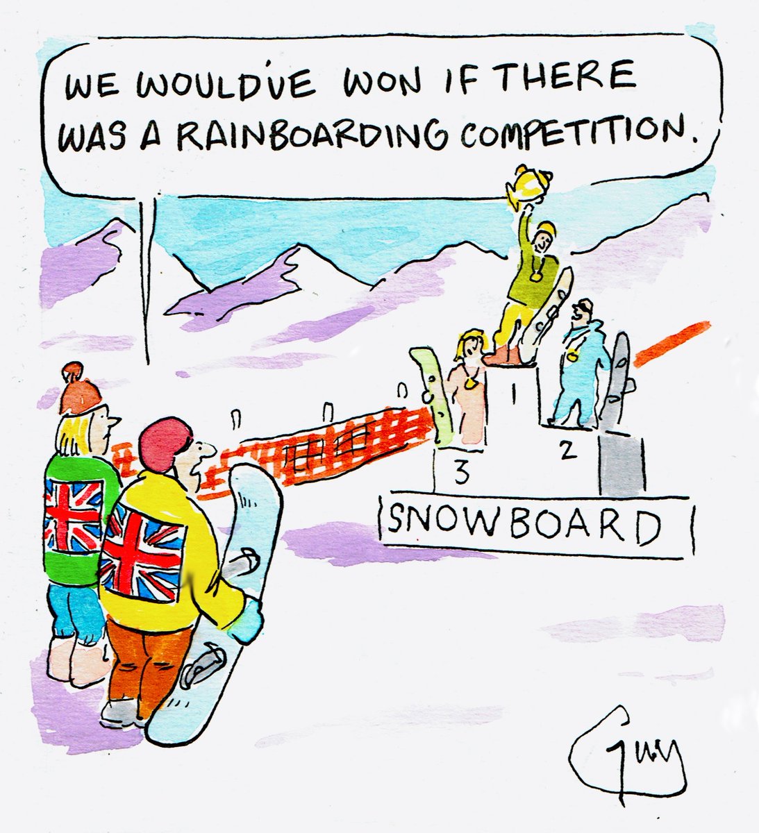 My cartoon for Thursday's <a href="/MetroUK/">Metro</a> <a href="/WinterOlympicsG/">WinterOlympicsGames</a>  #WinterOlympics #WeatherUpdate #ukweather #snowboarding