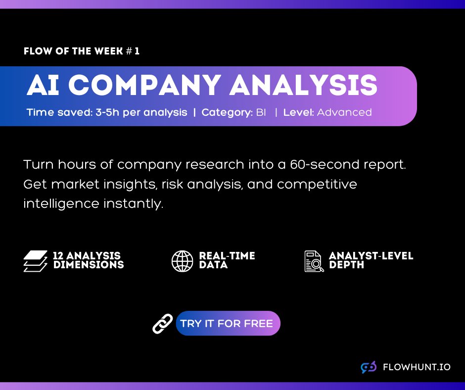 Introducing Flow of the Week – our new series highlighting the tools our customers use and love most. We're kicking off with 📊Company Analysis, the advanced tool to generate comprehensive BI reports that normally take 5+ hours manually. Try it for free: flowhunt.io/ai-tools/compa…