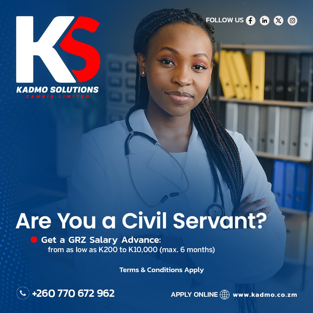 We provide a GRZ Salary Advance package which supports the real needs of the public service professionals. Contact our sales team for further assistance +260 974 226 577 or apply online on kadmo.co.zm

#GatewayToFinancialSolutions #KadmoSolutions #Zambia
