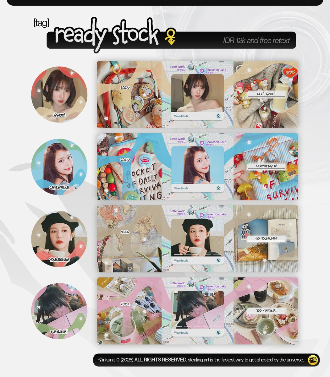 theinkunit's tweet photo. ㅤ
🖤 HELP REPOST? 

some ready stock pieces are currently set aside and need you to bring it home!

ⓘ ( 12k free retext &amp; png icons )
jiwoo, carmen, younjung, karina 🗺️
keonho, seonghyeon, jeno, jaemin 🌤️

bisa take lewat DM atau chat di telegram :3

#zonauang #zonajajan
ㅤ https://t.co/LKMRquW4JN