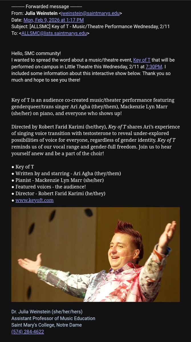 clareanneath's tweet image. 🚨 My CATHOLIC alma mater @saintmarys is promoting a transgender theatrical production.  

This isn’t “inclusion” it’s child grooming dressed up as art, rejecting God’s design of male and female.  

Leadership has sold out to woke insanity, where is @diocesefwsb?