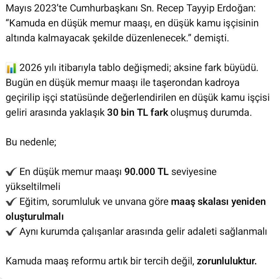 Kamuda maaş reformu artık bir tercih değil, zorunluluktur.

En düşük memur maaşı,taşerondan kadroya sınavsız geçirilen ve işçi statüsünde değerlendirilen kişiden 30 bin TL düşük olamaz.

#SınavsızSınavlıyıGelirdeYendi
#memur
