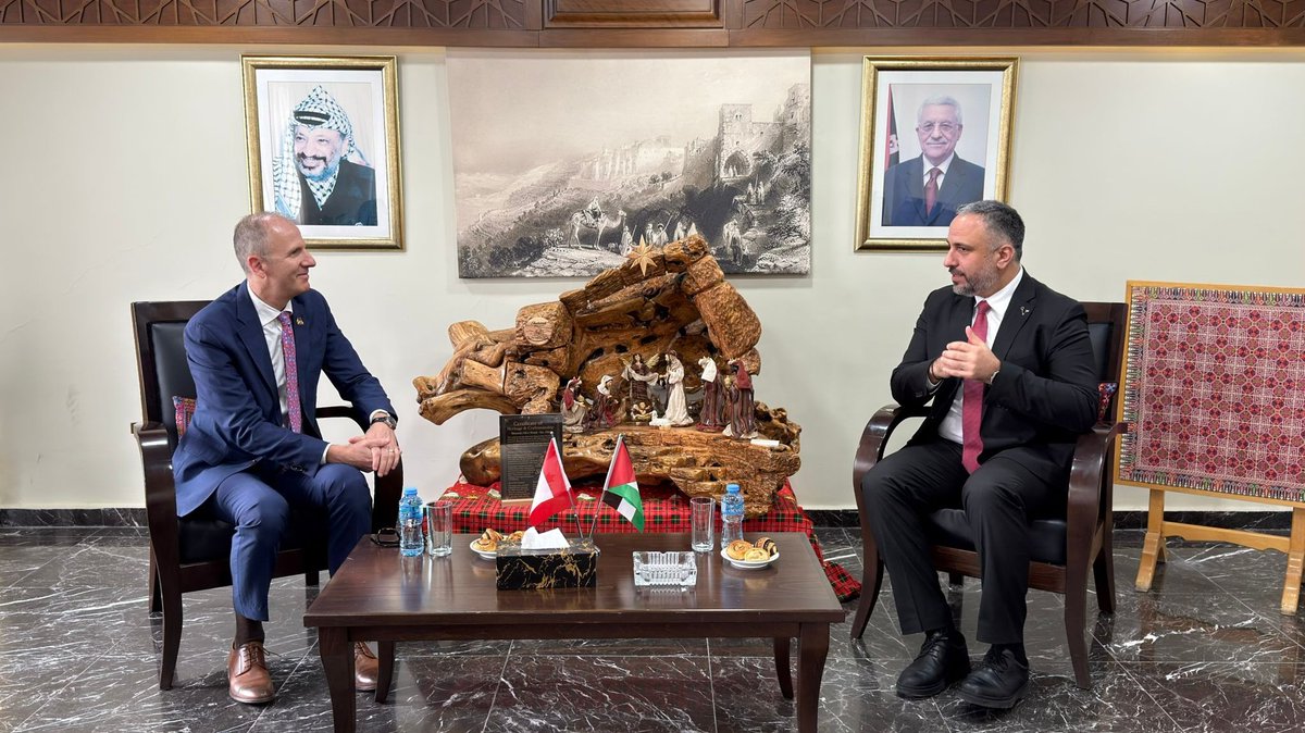 CanadaRepPA's tweet photo. The Representative of Canada 🇨🇦met with the Mayor of Bethlehem, Mr. Maher Canawati, to discuss latest political developments, ongoing economic challenges, and their impact on the tourism sector. Canada remains committed to supporting Palestinian communities. https://t.co/9ivwGkmy2U