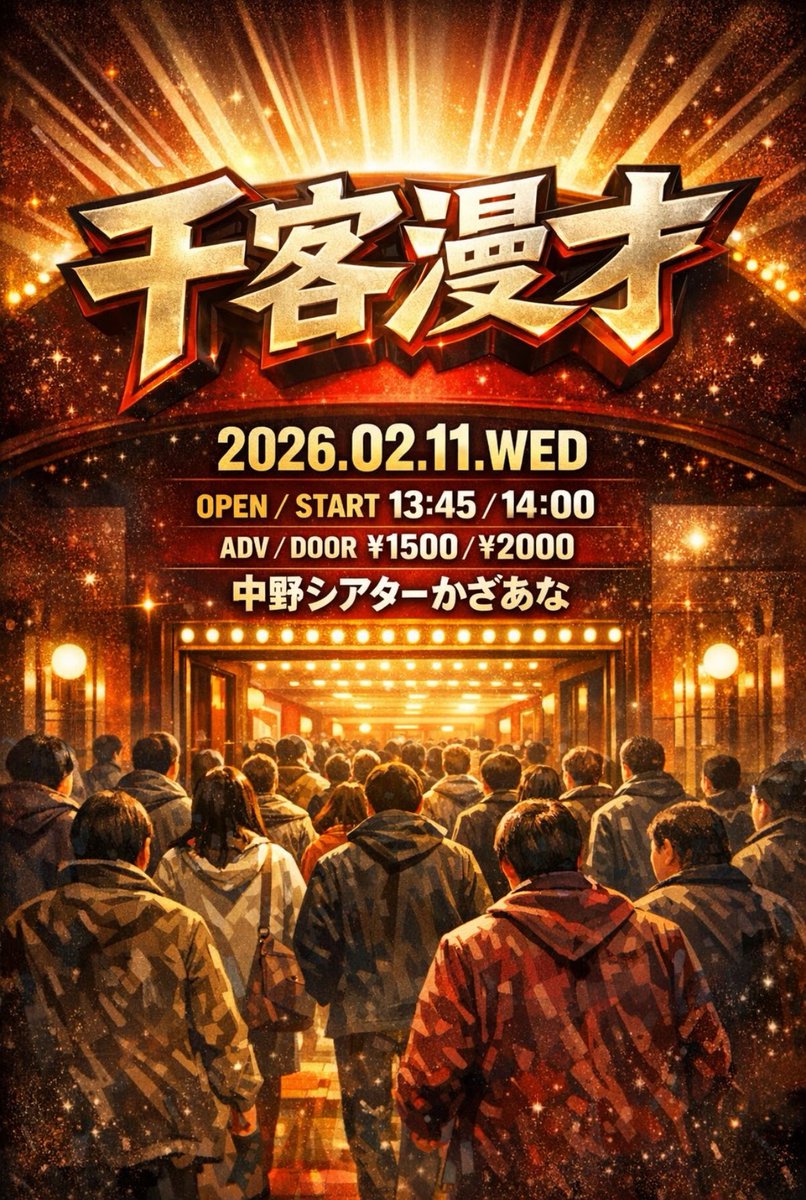 遅ればせながら #千客漫才 ご来場ありがとうございました！企画では言わなくてもいい自虐までお披露目してしまいました！何にせよ楽しかったです！

終わりでネタ合わせしようとなりましたが気付いたら金剛力3人で飲んでて気付いたら きゅっぱっき〜 呼んでて気付いたら ぷりすけ 帰ってました。