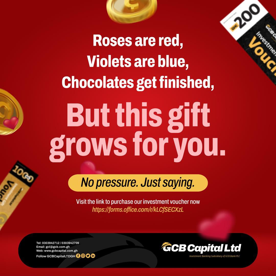 gcbcapitalltdgh's tweet photo. This Valentine’s, we’re measuring love differently. Tap on this link https://t.co/mbgfAFkpak and gift your person an Investment Voucher and let the love appreciate over time. 

#GCBCapitalLtd #gcbcapitalltdgh #GCL #GiftBetter #ValentineUpgrade #inspiringtrustdeliveringresults https://t.co/IdvcBQp4O0