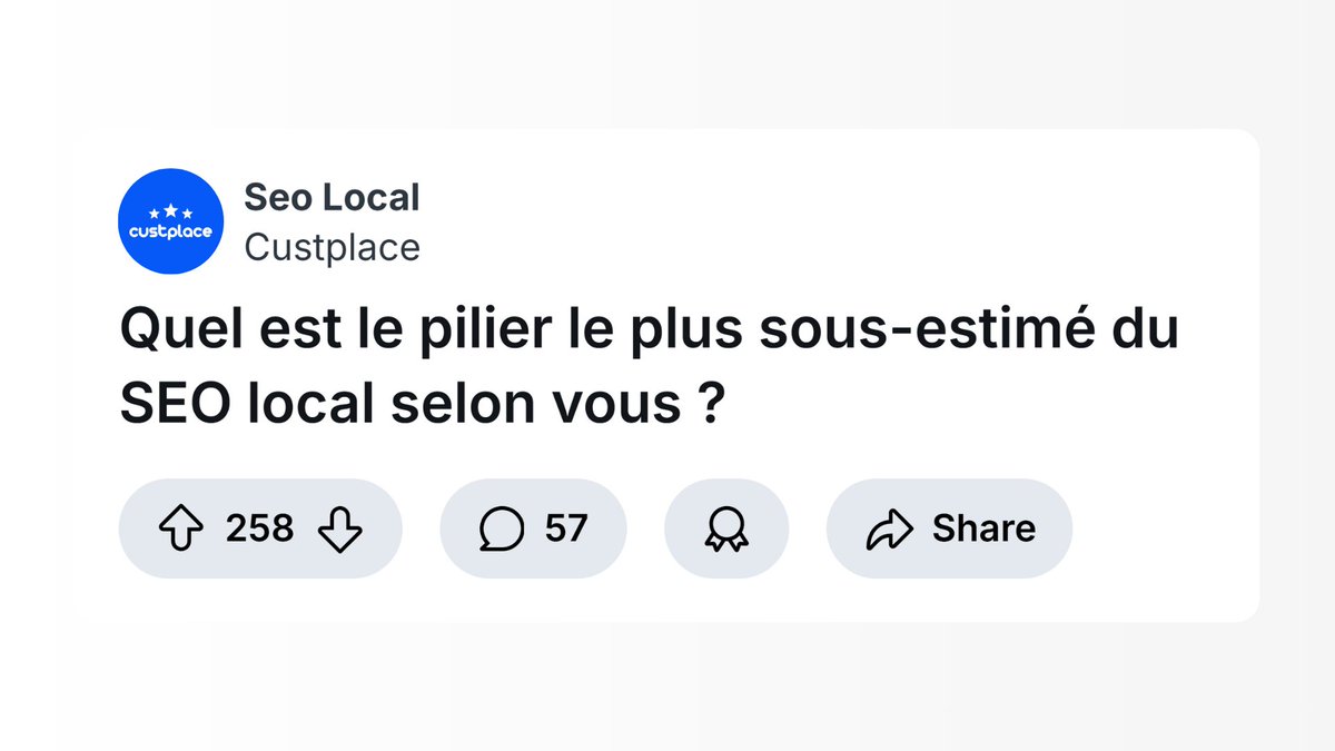 Données locales, avis clients, contenu, cohérence…

Quel levier du SEO local est encore trop souvent négligé selon vous ?

Les 7 conseils essentiels sont détaillés ici
fr.custplace.com/business/7-con…
