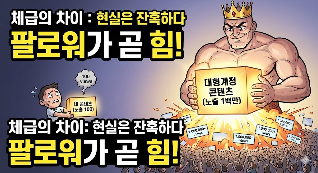 왜 똑같은 컨텐츠인데 나는 노출수 100일때 대형계정은 1백만이 나오는데??

짐작하시다시피 팔로워 수 차이입니다.

추천에 뜨는 피드들은 다음과 같이 구성되어 있습니다.

내가 팔로우한 계정의 게시글 50%
내가 팔로우 하지 않은 계정의 게시글 50%

나와의 친밀도 및 내가 관심 있어하는