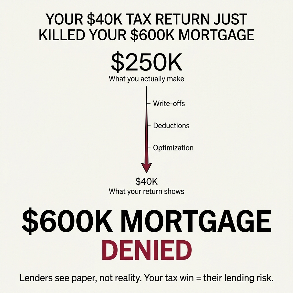 TullyMortgages's tweet photo. Your "smart" tax strategy is sabotage.
We're taught to minimize taxable income.
But that "smart" advice is actively working against your biggest personal goal: buying a home.
It’s a paradox few accountants discuss. https://t.co/m3ZjjFF07z