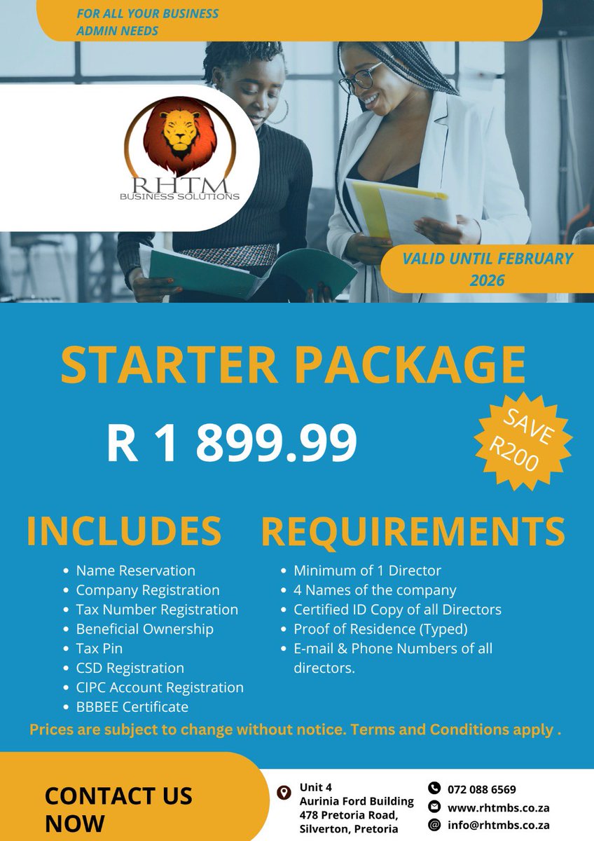 Rhtmbs's tweet photo. The perfect business package for start ups, contact us today for this amazing deal! 

📞: 0720886569 or 0659596238(available on WhatsApp)
📧: info@rhtmbs.co.za
🌍: https://t.co/d7VfgAtrtI
📍: UNIT 4, Aurinia Ford Building, 478 Pretoria Rd, Silverton, Pretoria, 0127 https://t.co/EJ9YbsyDi1