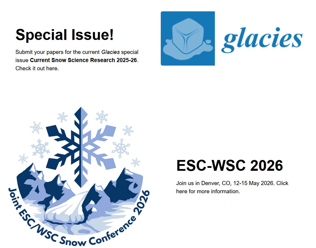 Glacies_MDPI's tweet photo. 📢 Special Issue in #Glacies!

❄️ Current Snow Science Research 2025–2026

In connection with ESC–WSC Joint Meeting (Denver, May 12–15, 2026).

🔗https://t.co/1b6KmTNIqj

#SnowScience #Cryosphere #ClimateResearch #ESC2026 #WSC2026 #CallForPapers https://t.co/tQwvZrpWoa