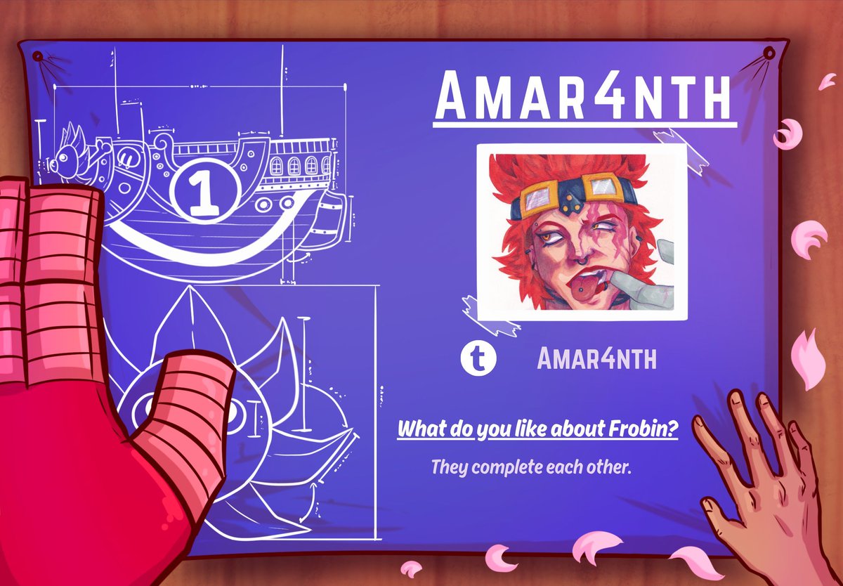 ☀️🦁 Straight from the Sunny's Workshop!

Let's all welcome Amar4nth! They're an individual of few words who believes in one simple truth: Franky and Robin, as a couple, completes each other.

🌸 Look forward to their work on this SUPER FroBin zine! ⭐

#onepiece #fanzine #frobin