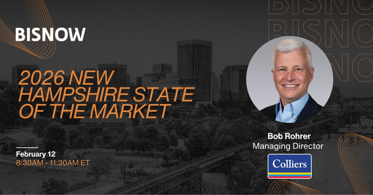 ColliersNHandME's tweet image. Where is NH economic growth headed this year and why are companies choosing the granite state to grow?
Get the answers tomorrow at @bisnow’s 2026 NH State of the Market with Bob Rohrer of Colliers and other industry leaders.
#CREInsights #CommercialRealEstate #MarketLeader
