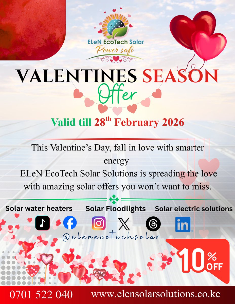 ELeN_Ecotech's tweet photo. This Valentine’s Season, fall in love with smarter energy 📷
Save 10% OFF on solar solutions that warm your home and lower your bills.
Because true love should be power-safi 📷 #gosolar #cleanenergy #elenecotechsolar
Call now-0701522040
Email us- elenecotech@gmail.com https://t.co/B5c5oDLjop