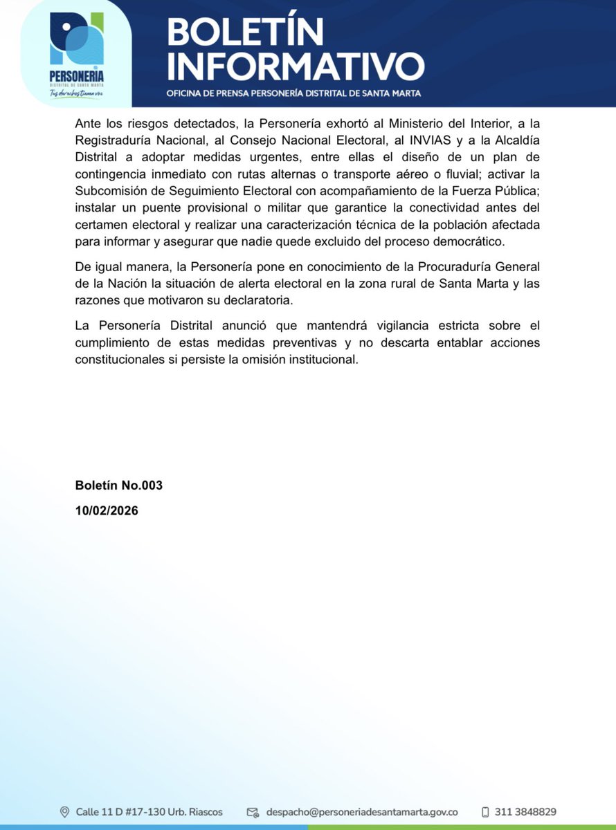 BOLETÍN INFORMATIVO 📰

👉🏻Personería de Santa Marta alerta riesgo para el derecho al voto 🗳️ en la zona rural por colapso del puente Mendihuaca.