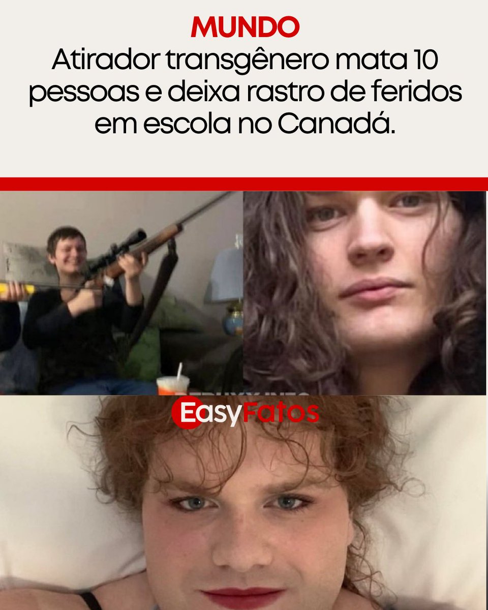 Ataque realizado por adolescente transgênero deixa 10 mortos e 25 feridos em Tumbler Ridge, no Canadá. Jesse Strang, de 17 anos, teria atacado uma escola secundária e uma residência local. Seis das dez vítimas fatais foram encontradas dentro da instituição de ensino. A polícia