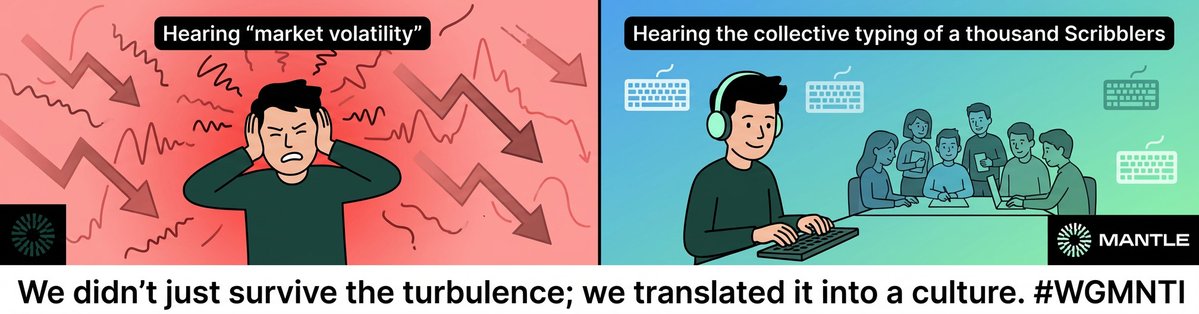 MhasterThieg's tweet image. The "Mantle" Language: More Than Just Nodes and Yields

They say you can’t hear a community. But if you’ve been in the Mantle ecosystem over the last few months, you know that’s not true. You don’t hear "market volatility"—you hear the collective typing of a thousand Scribblers…