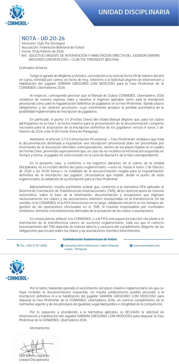 Respuesta de la Conmebol al caso de Lom, mientras el comité de fútbol baila en Oruro, Conmebol explica el por qué no se habilitó a Lom.. <a href="/AdivaSanji/">Adiva Sanjines</a> <a href="/ChamonJp/">Juan Pablo Chamón</a> <a href="/Camilo__Oporto/">Camilo Oporto</a> <a href="/ClubStrongest/">Club The Strongest</a> <a href="/DanielRoblesCo3/">Daniel Robles Cortez</a> <a href="/dmillares/">Daniel Millares A.</a> <a href="/LeoChambi16/">Leonardo Chambi Loza </a> <a href="/os_ar87/">Oscar, El Profe</a> <a href="/juanpasten2010/">Juan Pasten</a> <a href="/EstadisticoBo/">Víctor Quispe Perca</a>