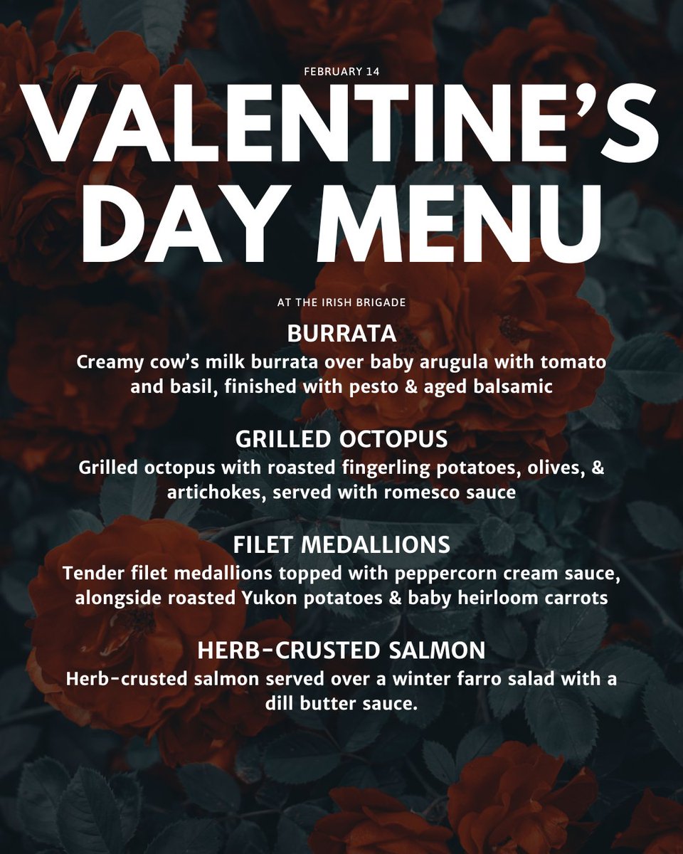 IrishBrigadeLW's tweet photo. Roses are red, Guinness is too…🌹

Skip the fancy stress and come do Valentine’s the Irish Brigade way: great food, strong pours, and zero awkward violin music.  

✨We will have Mighty Quinn's Band Live from 9:00 pm-12:30 am 

Tag your Valentine (or your drinking buddy). https://t.co/CHn65JmXLy