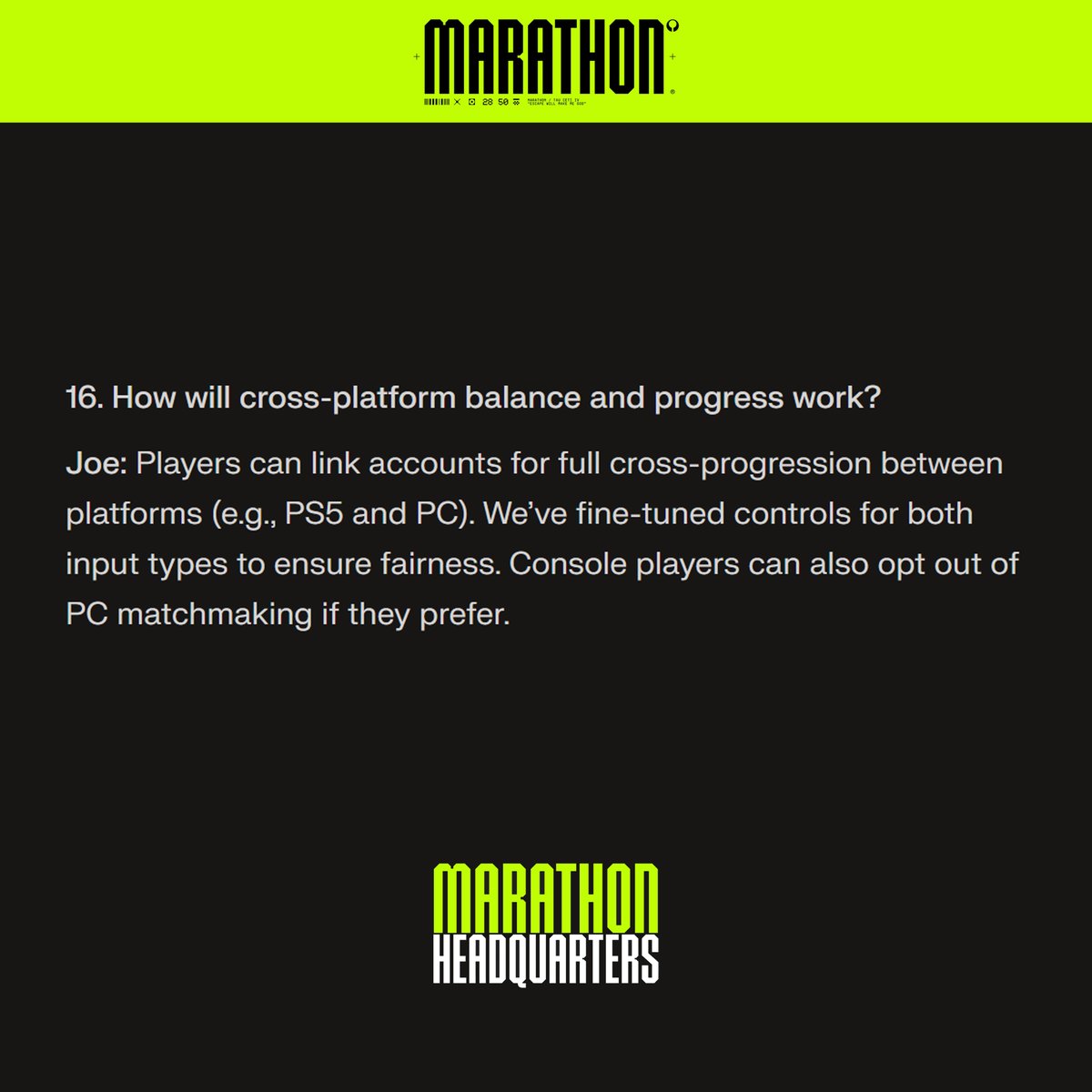 ‼️Marathon will have cross progression, and console players will be able to opt out of PC Matchmaking